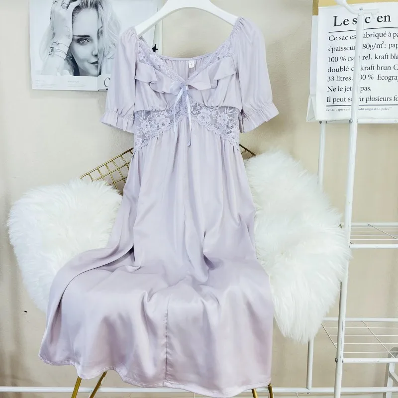 Sexy Lace Ruffle Princess Nightdress Pink Long Nightgown Bathrobe Loose Rayon Home Clothes Lounge Wear Spring Summer Sleepwear