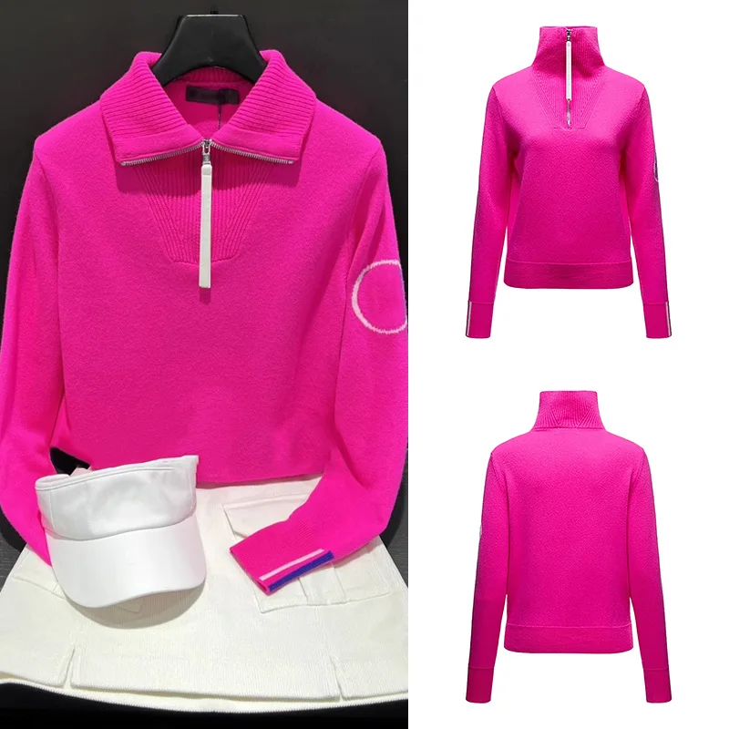 Golf Clothing Women's Autumn And Winter Sports Slimming Golf Sweater, Half Zipper Knitted Bright Color Long Sleeved Shirt