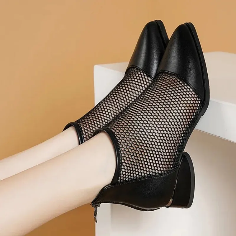 New Arrive Summer Sexy Mesh Ankle Boots 2023 Pointed Toes Low Heels Ladies Short Boots Chunky Heels Spring Back Zipper Shoes