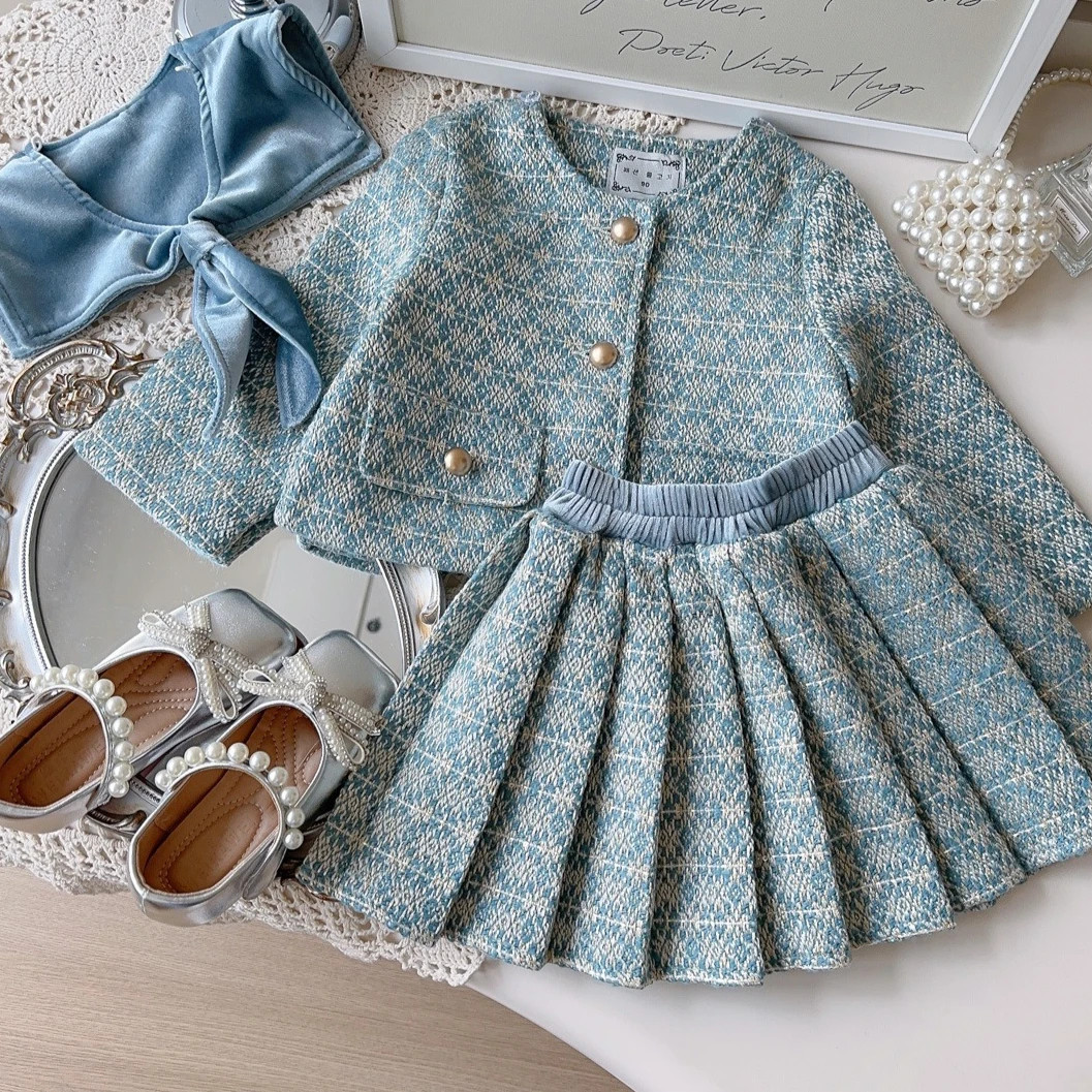 

Girls Suit 2025 Autumn and Winter New Children's Clothing Girls Baby Lapel Coat Pleated Short Skirt Two Sets of Casual Simple