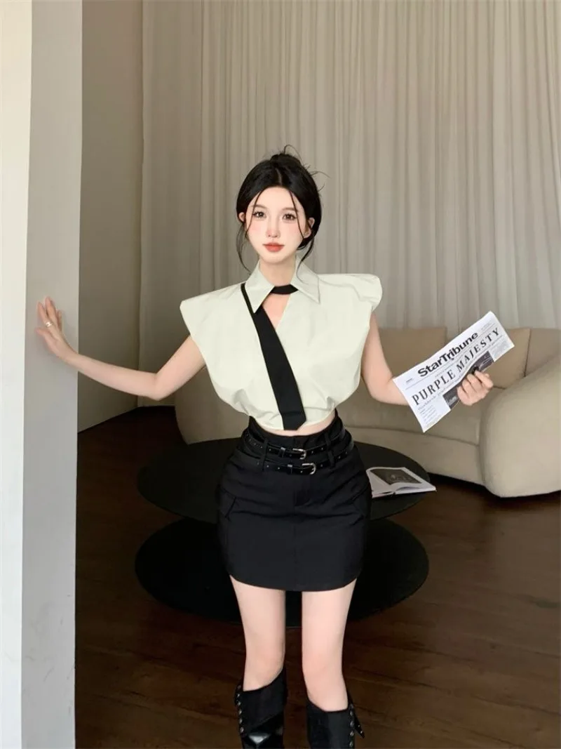 Korean Fashion Design Sensation Sleeveless Shirt Women's Summer New Design Sensation Solid Color Standing Neck Shirt Top