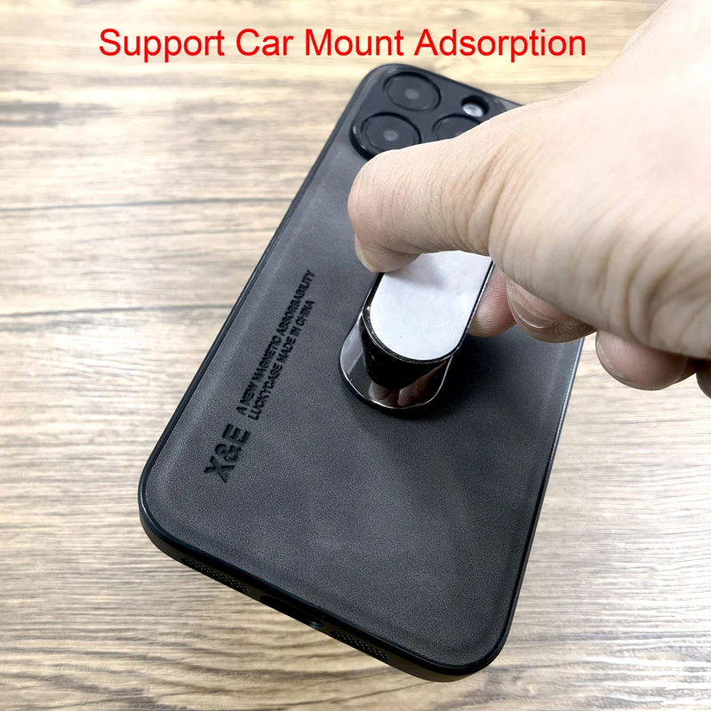 Leather Car Mount Magnetic Case For iPhone 16 15 14 13 12 11 Pro Max Mini X XR Plus 16Pro 15Pro 14Pro 13Pro Metal Plate In Cover