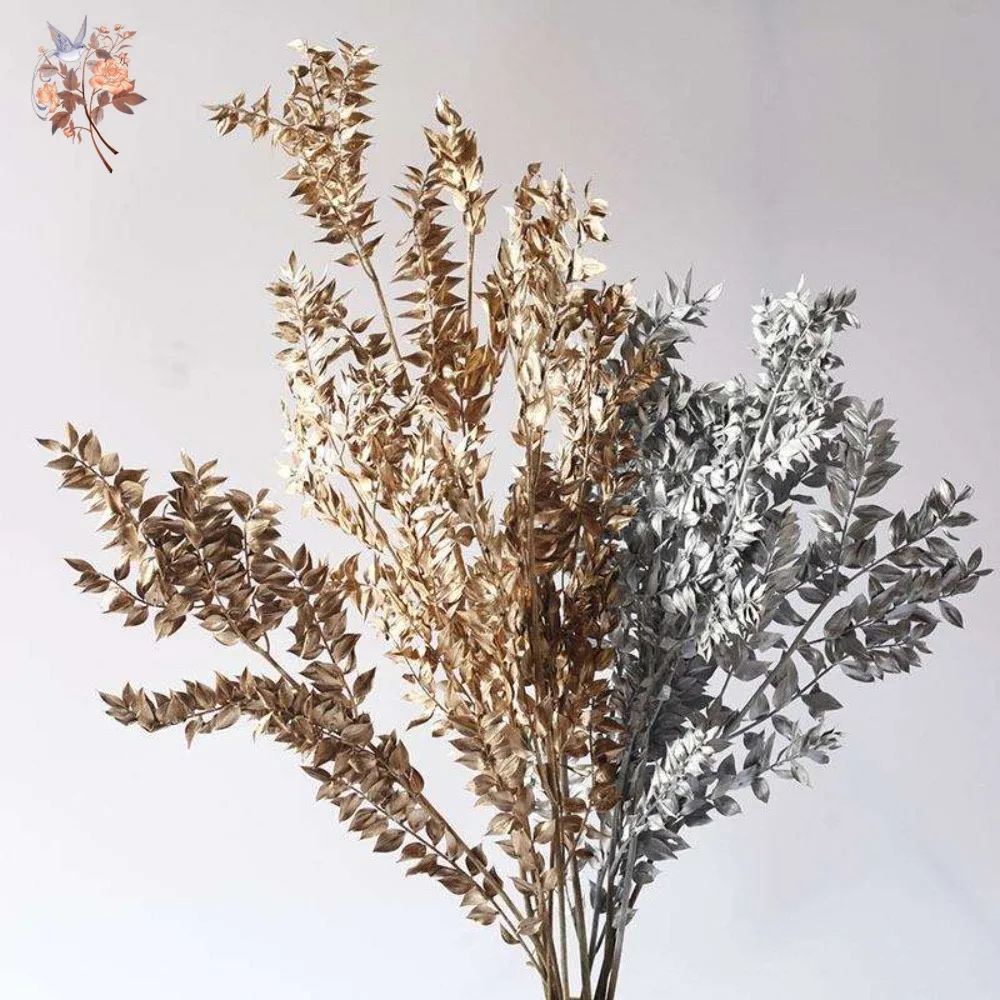 Natural Preserved Gold Silvery Ruscus Leaves for Christmas New Years Arrangements Dried Flowers DIY Gifts Material Home Decor