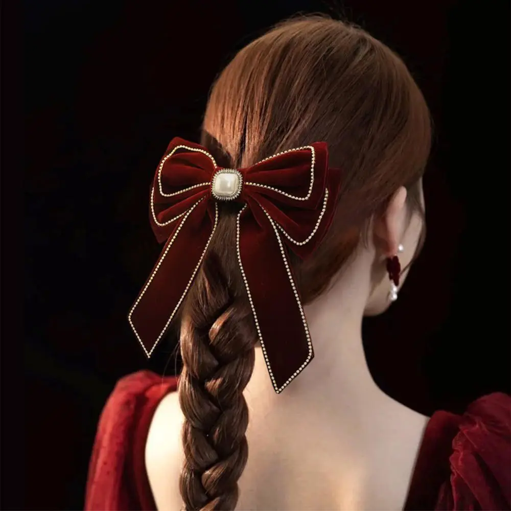 

Cute Cloth Red Velvet Bow Hair Clip Wine Red Pearl Bowknot Spring Clip Hair Claw Rhinestone New Year Hairpin New Year Headwear