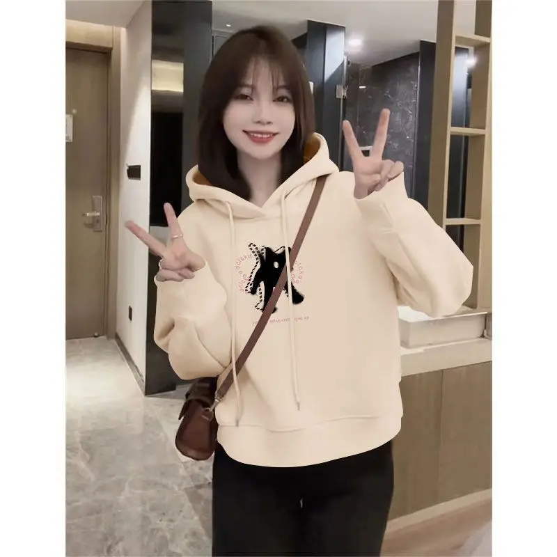 Anchor Red-Sudadera con capucha de manga larga de algodón puro, corta, a la moda, de terciopelo, informal, estilo occidental, Top holgado