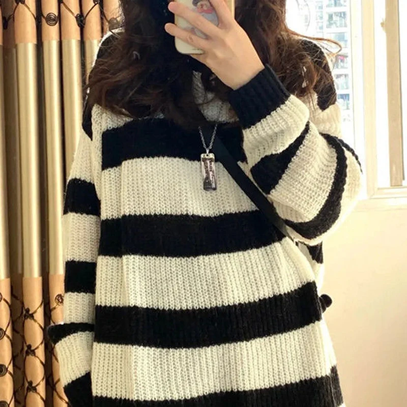 Sweaters Stripes Knitted Women Vintage Harajuku Loose Jumper Pullover Autumn Winter Streetwear Casual Long Sleeve Straight Top