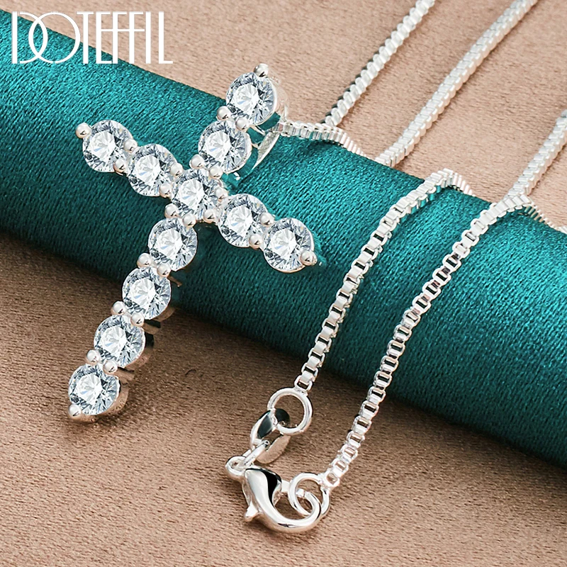 

DOTEFFIL 925 Sterling Silver 18 Inch Box Chain AAA Zircon Cross Pendant Necklace For Woman Fashion Wedding Party Charm Jewelry