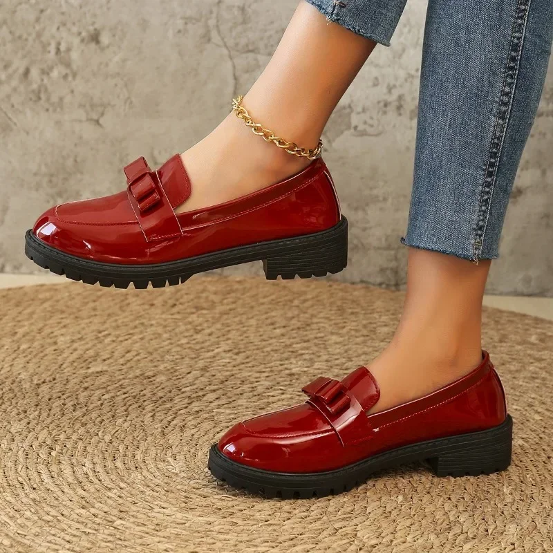 Zapatos De punta redonda para Mujer, mocasines informales De suela gruesa De PU, Zapatos De oficina De otoño De diseñador con lazo elegante, novedad De 2024