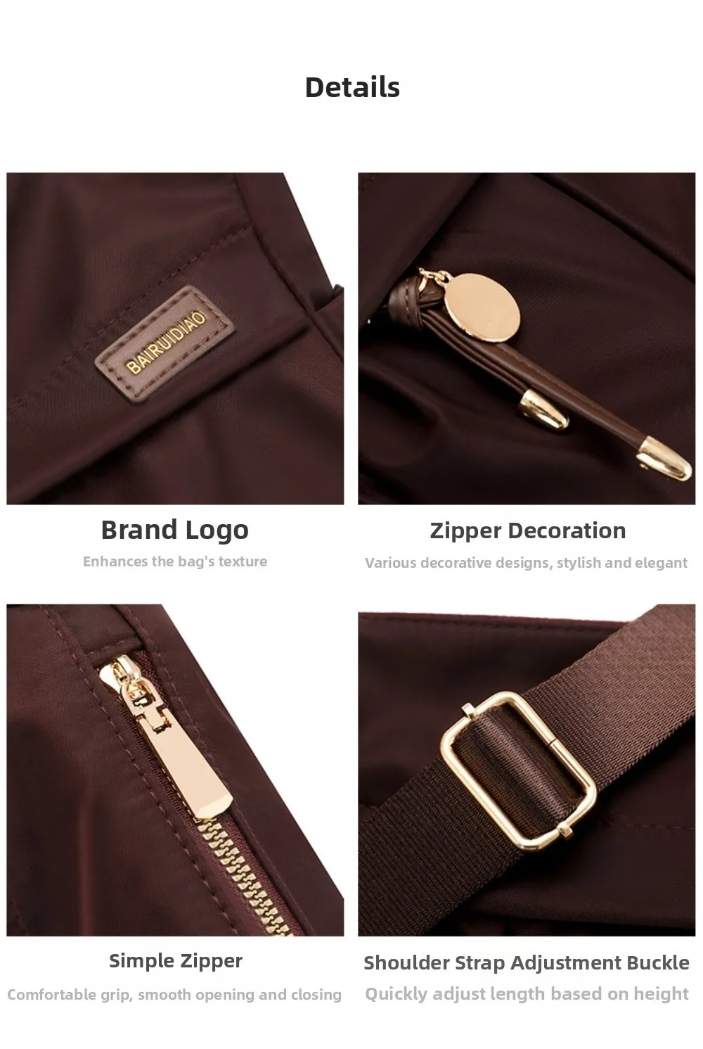 Lässige Nylon-Umhängetasche, leichte, einfarbige Umhängetasche, große Kapazität, Einzelschultertasche für Damen – Detail 13