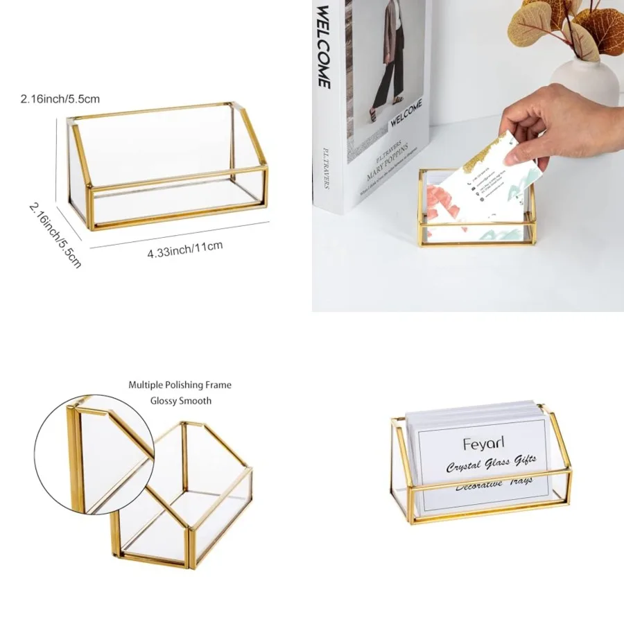 

Gold Glass Business Card Holder Desktop Name Card Display Office Business Card Stand Organizer Storage for Meeting Store Recept