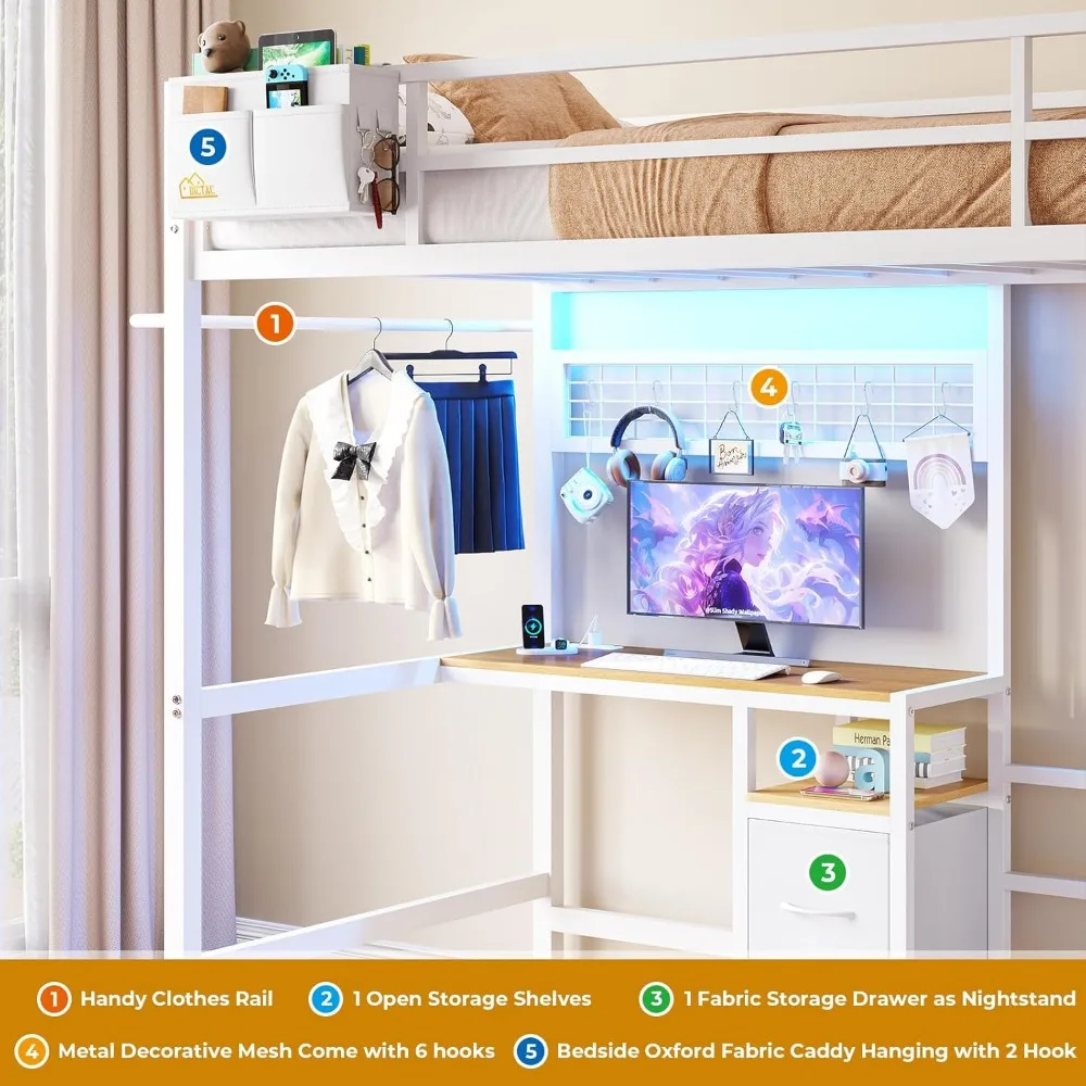 سرير مزدوج بطابقين معدني مع مكتب، ومحطة شحن، وأضواء LED، وأرفف تخزين، وأدراج #6