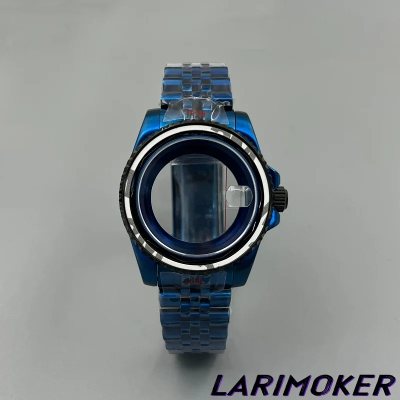 LARIMOKER New 40mm Black and Blue 2-tone Grooved Watch Case Sapphire Glass with Stainless Steel Strap Suitable for NH35 Movement