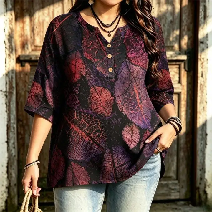 Women Vintage Leaf Print Blouse Notched Neck 3/4 Sleeve Loose Curvy Fit Casual Ladies Tops Retro Plant Pattern Shirts