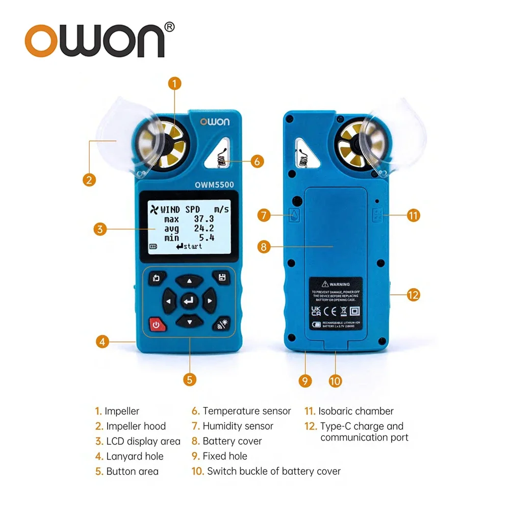 OWON OWM5500 digitale anemometer, 7-in-1 met 8000 Aata-geheugen, 7 meetmodi, temperatuur- en vochtigheids-APP-afstandsbediening