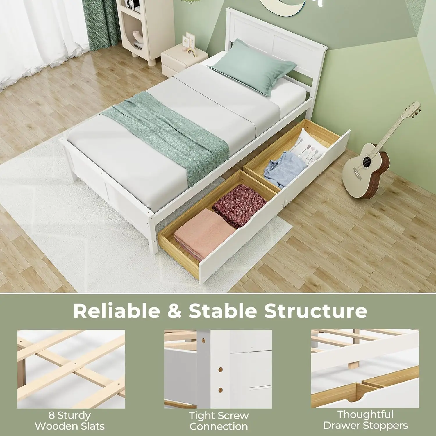 Cama doble de madera Giantex con 2 cajones de almacenamiento, cama con plataforma de madera maciza con cabecero, base de colchón con soporte de listones de madera,