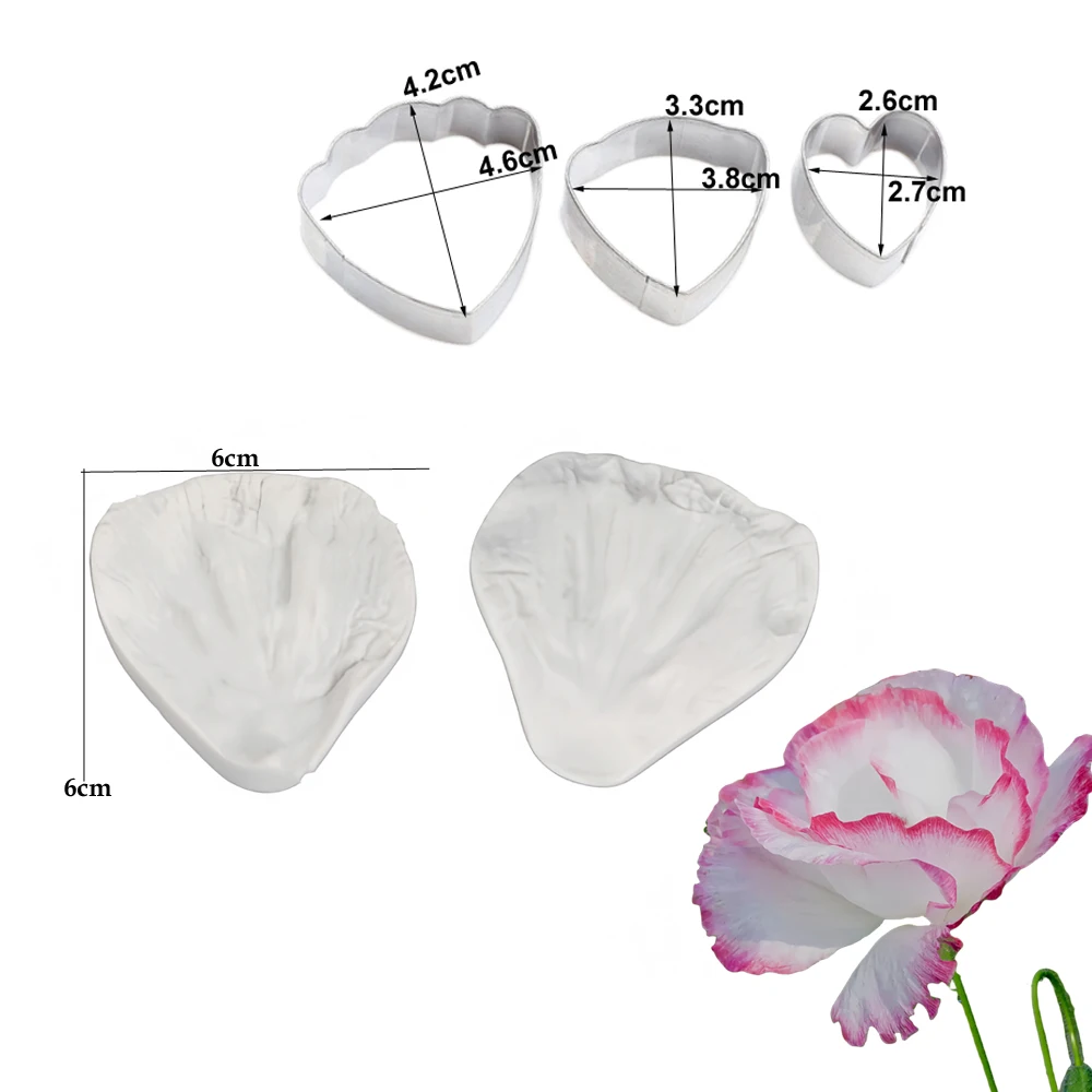 5pcs Poppy Flower Veiner Silicone Mold & Flower Cutter Set Cake Decorating Fondant Impression Flower Mold Sugarcraft M2917