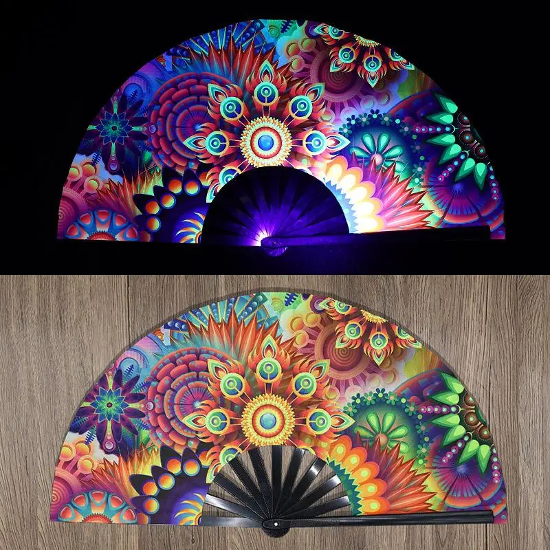 1pcs Kung Fu Fan UV Ink Printing Fluorescent Fan Bamboo Bone Folding Fan For Festival Dance Party Home Decoration view 3