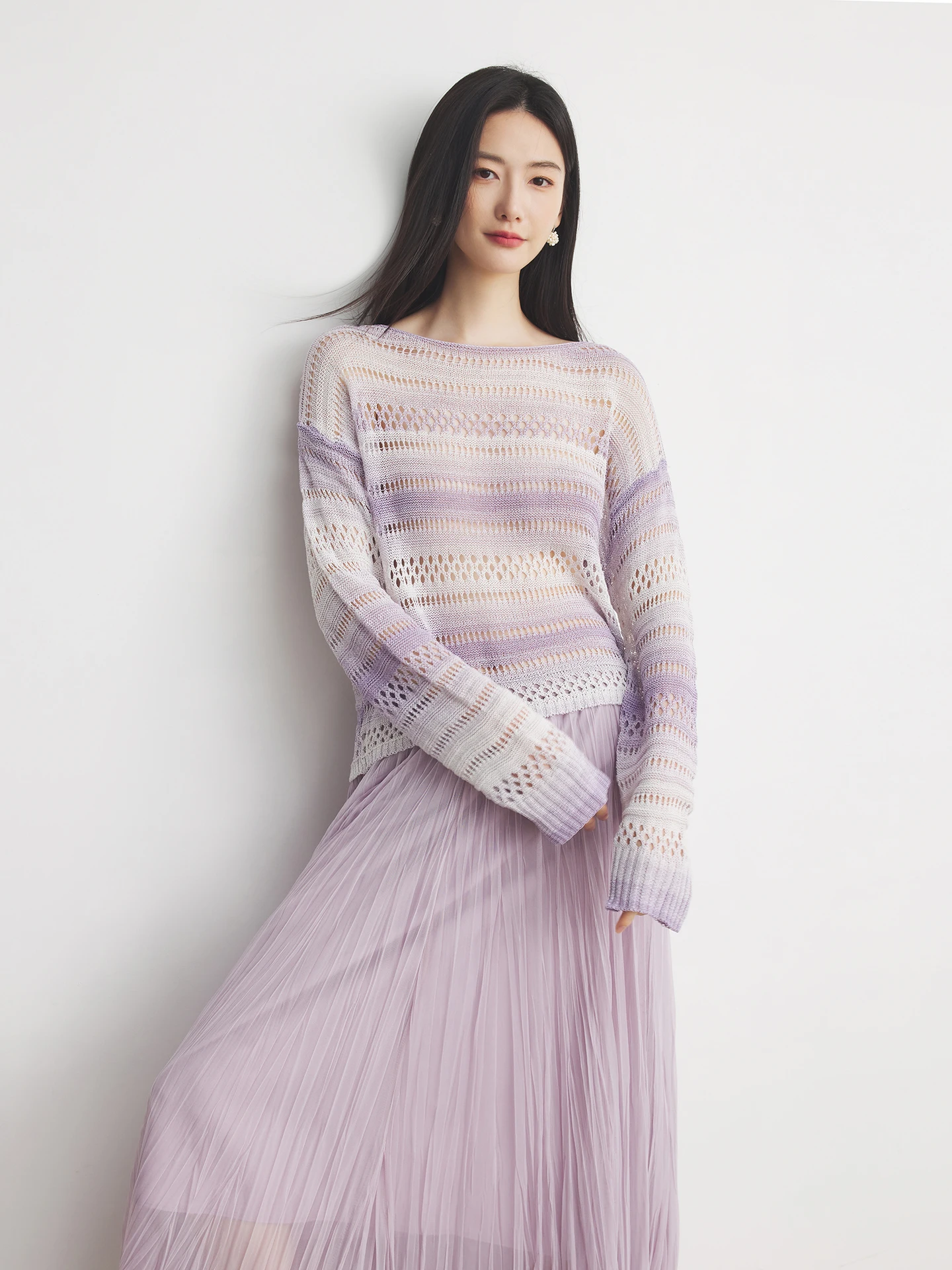 

Annata adient Stripe Hollow out Overhead Sweater Soft Knitted Long Sve round Ne Commute Sle Women's Faion Spring