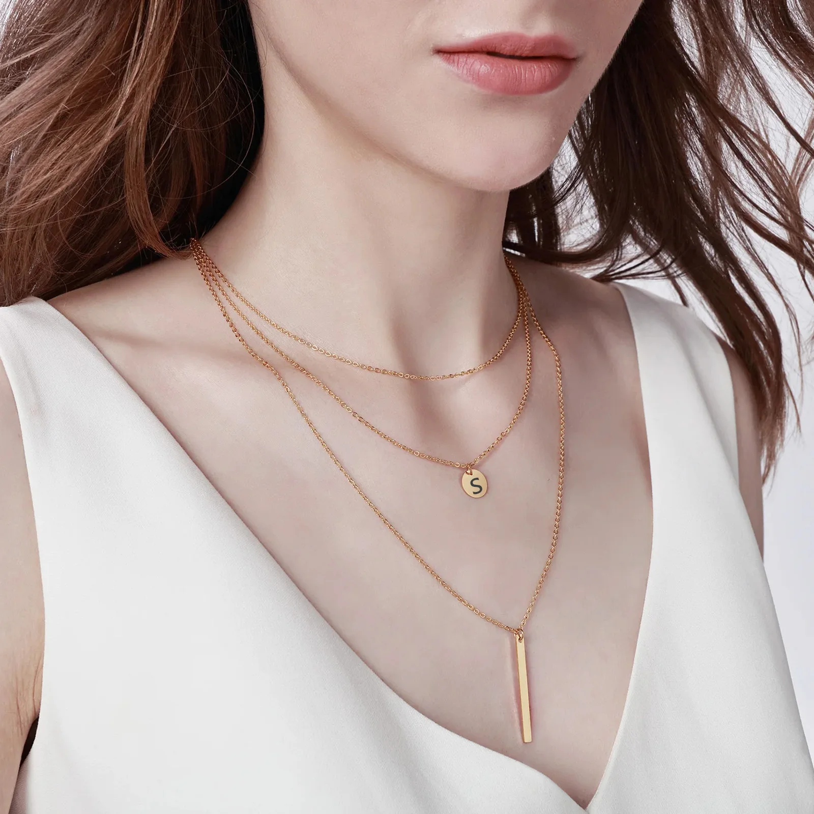 

Multi-layered Custom Necklace Stylish Gold-plated Round & Square Pendant Women's Necklace Y-shapedJewelry Gift Engraved Initials