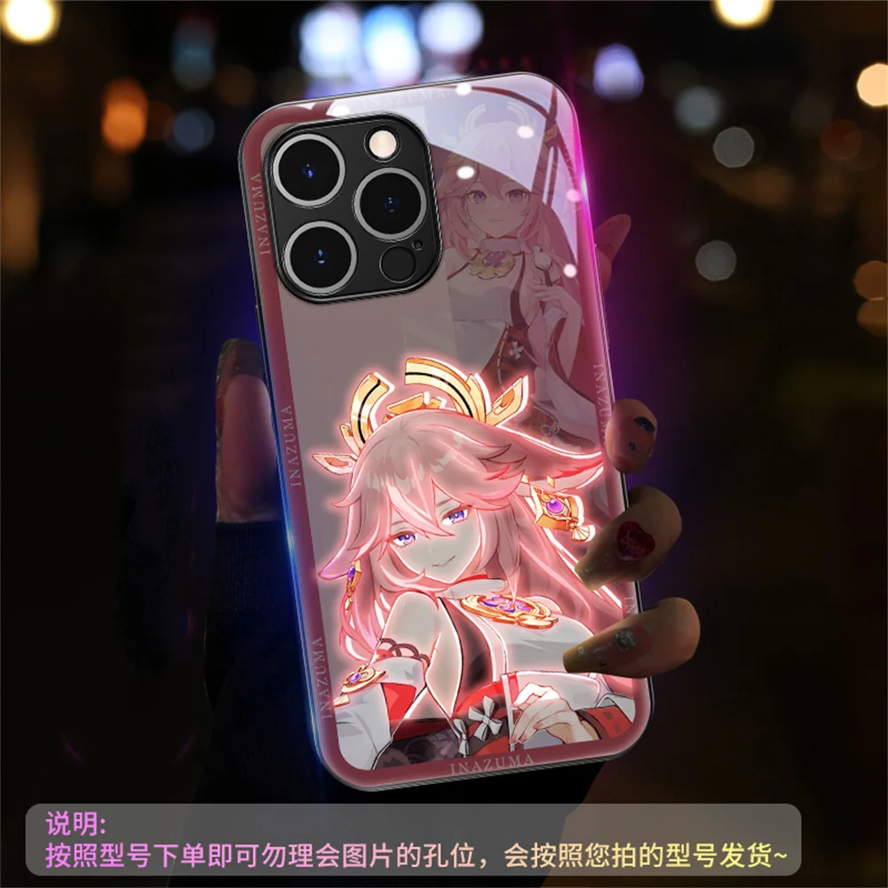 Cool Genshin Cartoon Pattern Smart LED Light Glow Tempered Glass Phone Case For iPhone Air 17 16 15 14 13 12 11 Pro Max Plus view 2