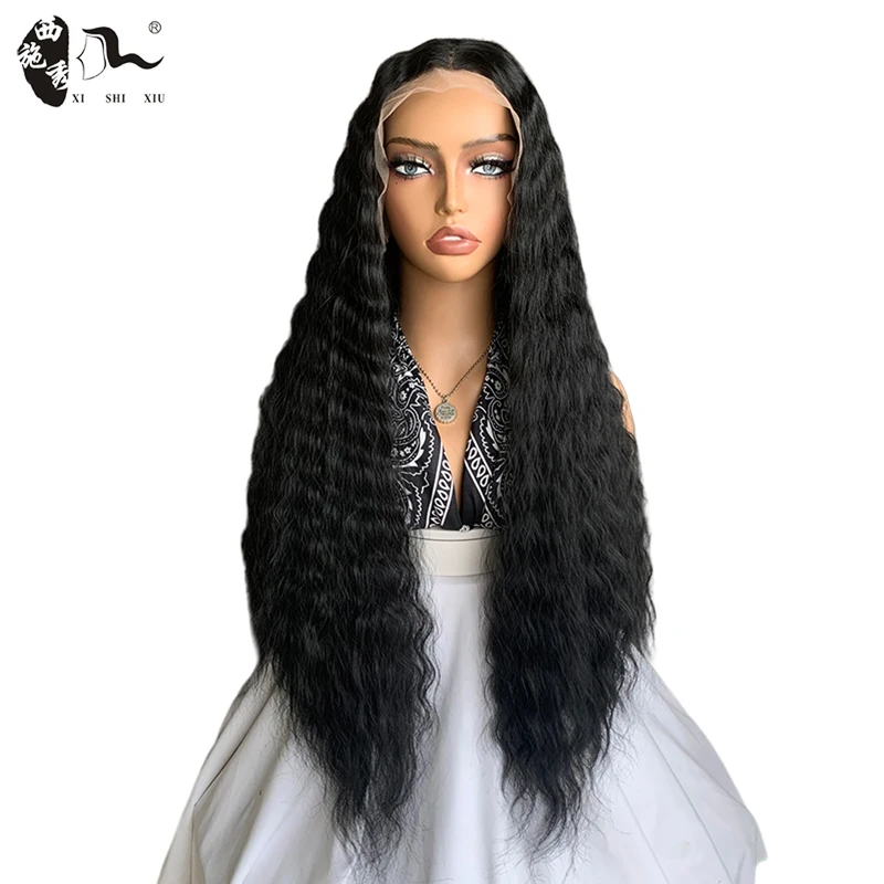 

30" Long Deep Wavy Synthetic Lace Front Wig For Women 13*4 Lace Natural Black Wavy Hair Middle Part High Temperature Cosplay Wig