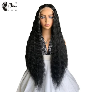 30" Long Deep Wavy Synthetic Lace Front Wig For Women 13*4 Lace Natural Black Wavy Hair Middle Part High Temperature Cosplay Wig