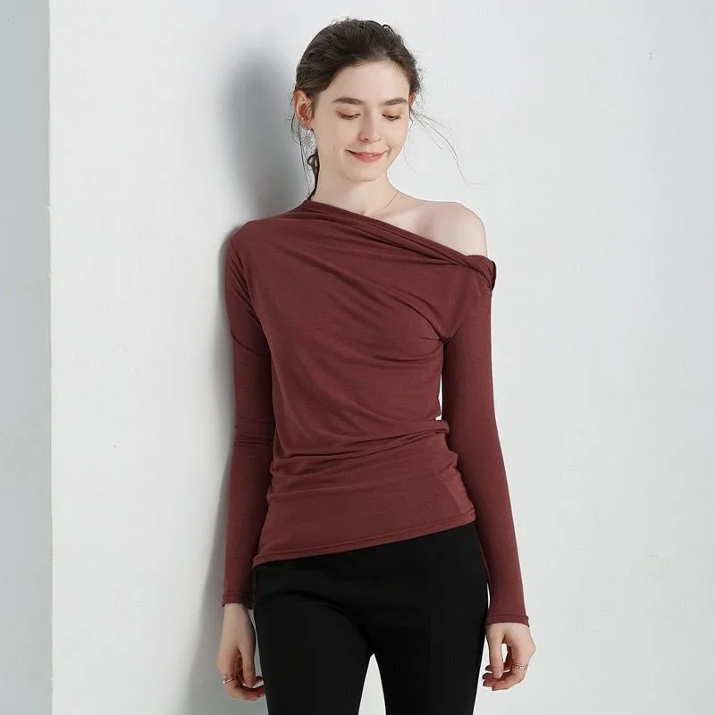 2025 Nieuwe Zomer Vrouwen Breien T-Shirt Skew Kraag katoenen T-shirts Vrouwelijke Volledige Mouw Herfst Stretch gebreide Shirts Tops