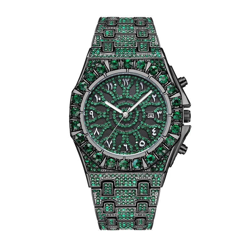 Hip Hop Mens Date Quartz Watch Waterproof Watches Green CZ Stone Bling Iced Out Stainless Steel Watch for Men Charm Jewelry