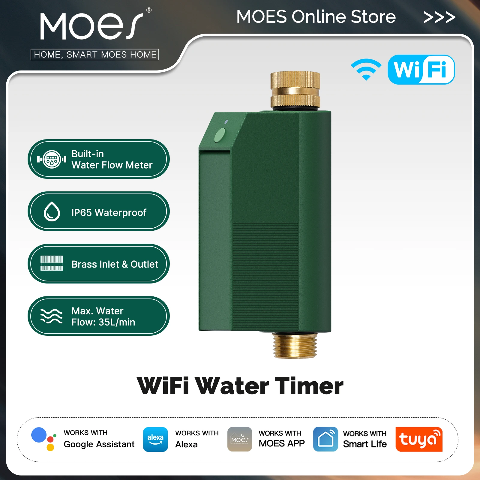 

Умный контроллер для полива MOES Tuya WiFi с Wi-Fi, латунными входами/выходами, водонепроницаемый IP65, управление через приложение и голосовое управление, совместим с Alexa и Google