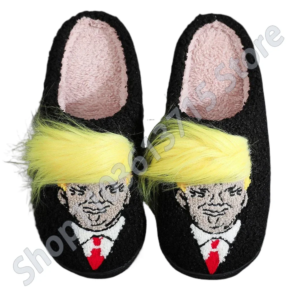 أفخم ترامب شعر مستعار النعال مضحك النعال الحرارية مريحة رقيق النعال المنزل الإبداعية ثلاثية الأبعاد شعر مستعار فروي النعال لفصل الشتاء