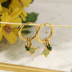 WILD & FREE PVD 18K Gold Plated Vintage Stainless Steel Hoop Earrings for Women Green Natural Stone Charms Trendy Jewelry