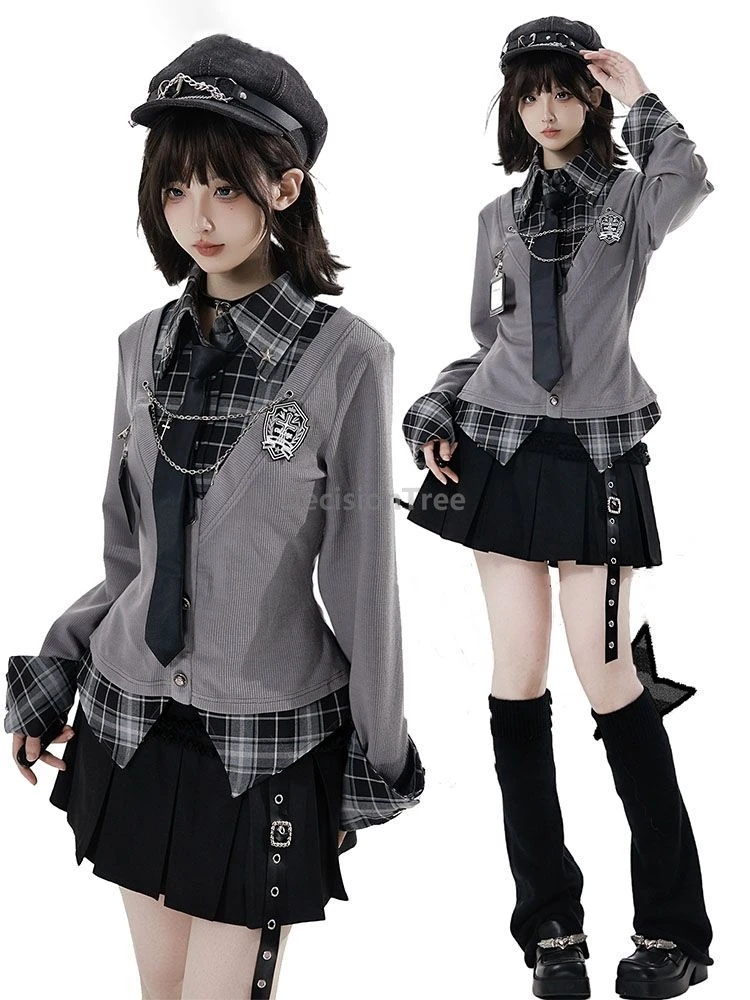 

Модная школьная форма в японском стиле 2026 года: стильная клетчатая рубашка с пэчворком и утягивающим поясом, классическая универсальная юбка.