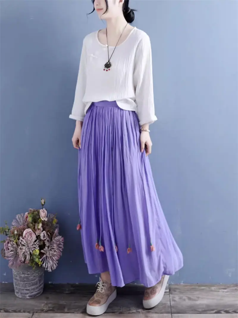 Literary Temperament Solid Color Elastic Waist Skirt 2024 Spring Clothes New Simple Casual Loose Skirt For Women Jupe K131