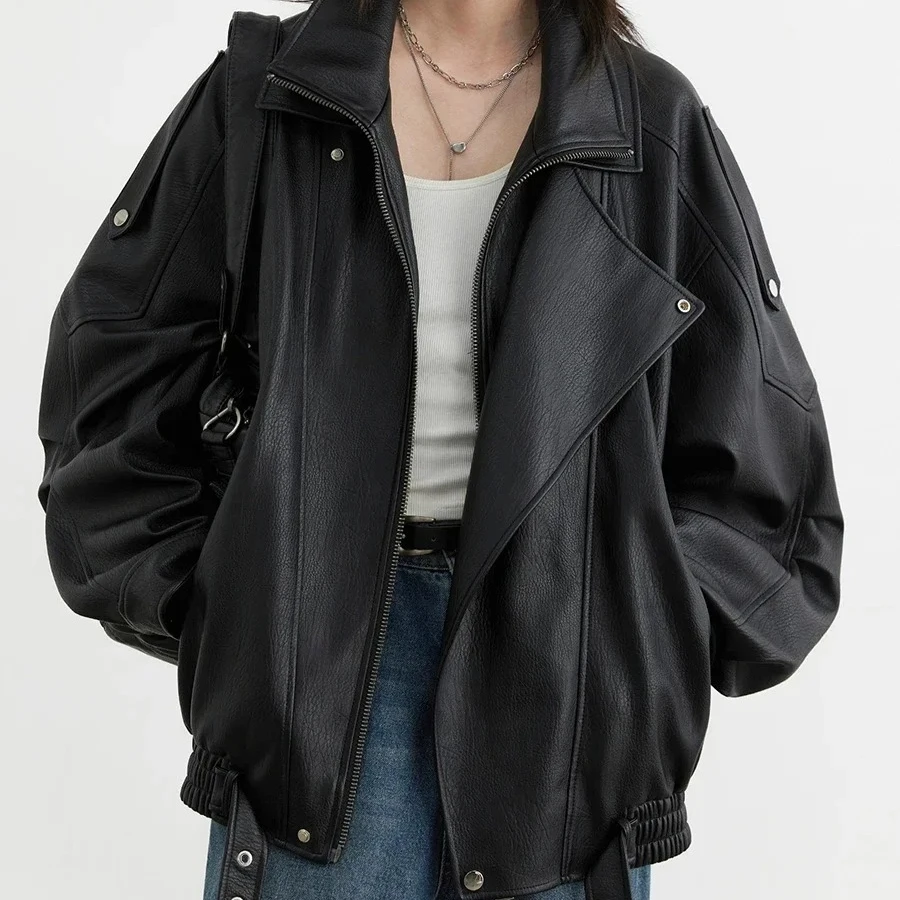PU Jacket Female Motorcycle Faux Leather Coat Female Solid Loose New Retro Standing Collar Top Spring Autumn 2025 Coat Vintage