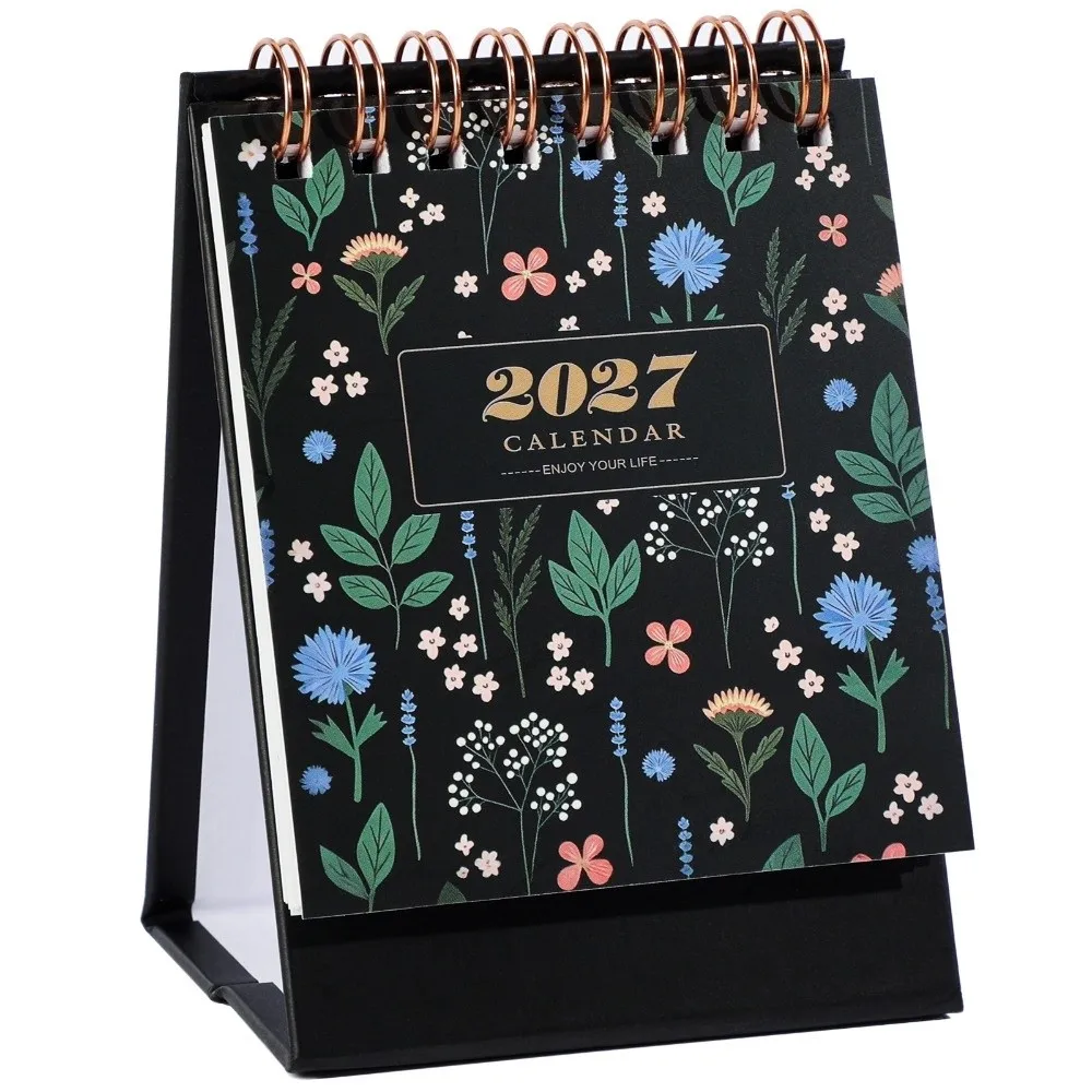 New Floral Pattern 2027 Desk Calendar Mini English Standing Calendar Coil Spiral Desk Calendar Home Office