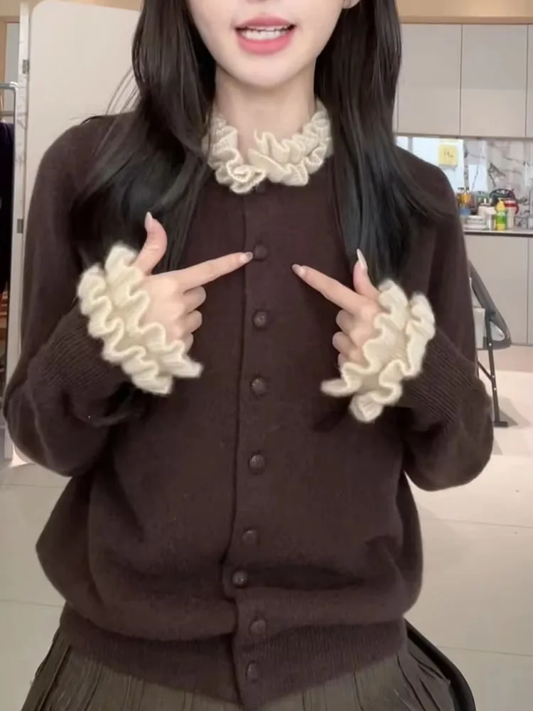 Korea Chic Sweet Fungus Long Sleeve Cardigan Knit New Moda All-match Short Slim Jumper Simple Office Lady Casual Knitwear