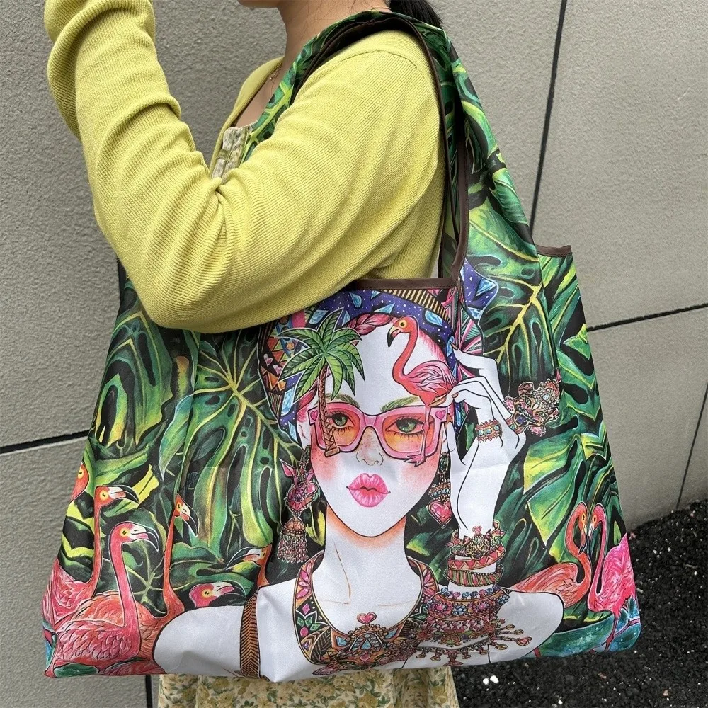 Oil Painting Print Folding Shopping Bag Portable Design Large Capacity Grocery Bag Positioning Design Foldable Feature