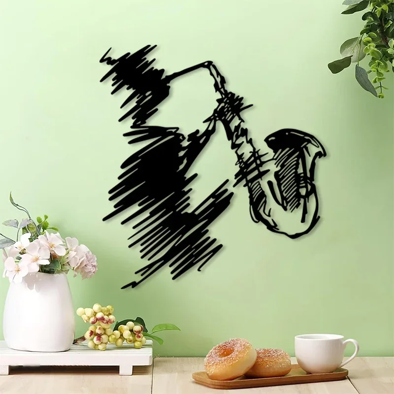 CIFBUY Metal Wall Art,2D Flat Laser Cut Jazz Saxophone Player Line Iron Hanging Sculpture,Rustproof Powder‑Coated Wall Decor