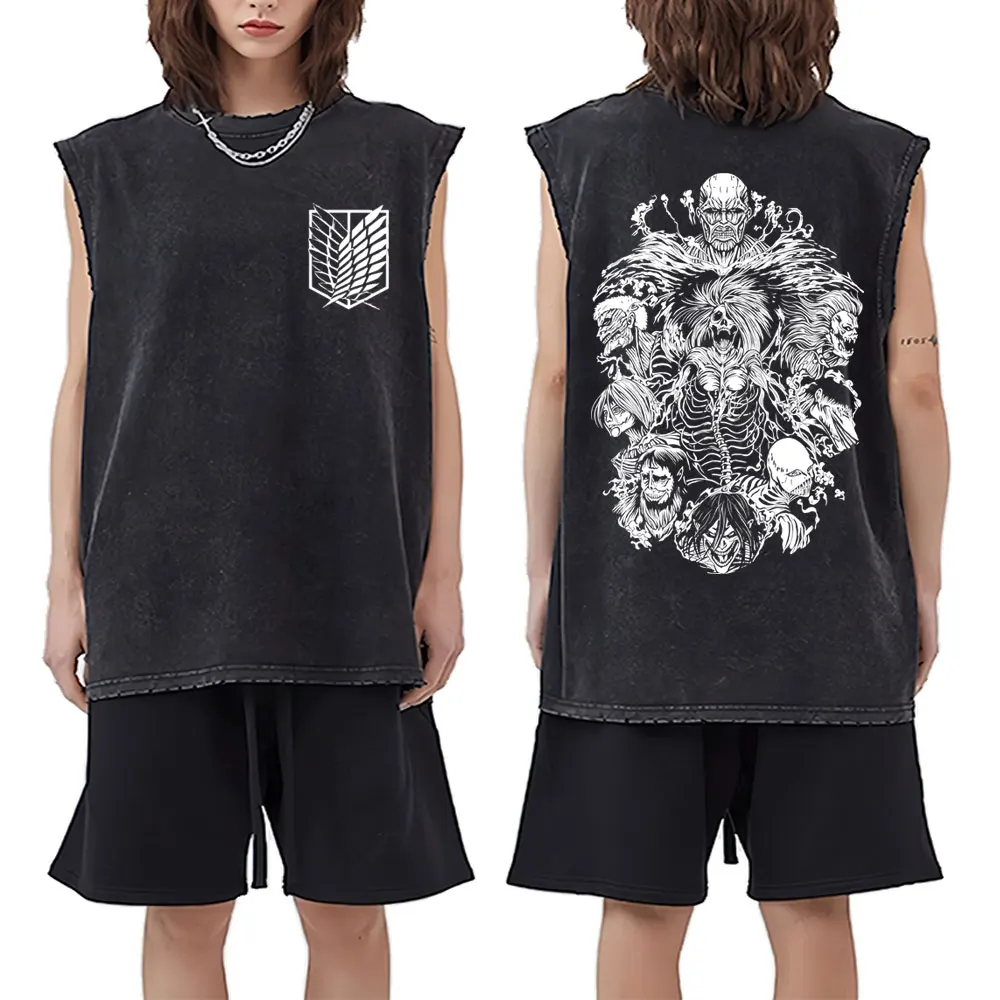 Anime Attack on Titan Attack on Titan Eren Jaeger Skeleton Washed Vintage Tank Tops Men Women Casual Oversized Sleeveless Tshirt