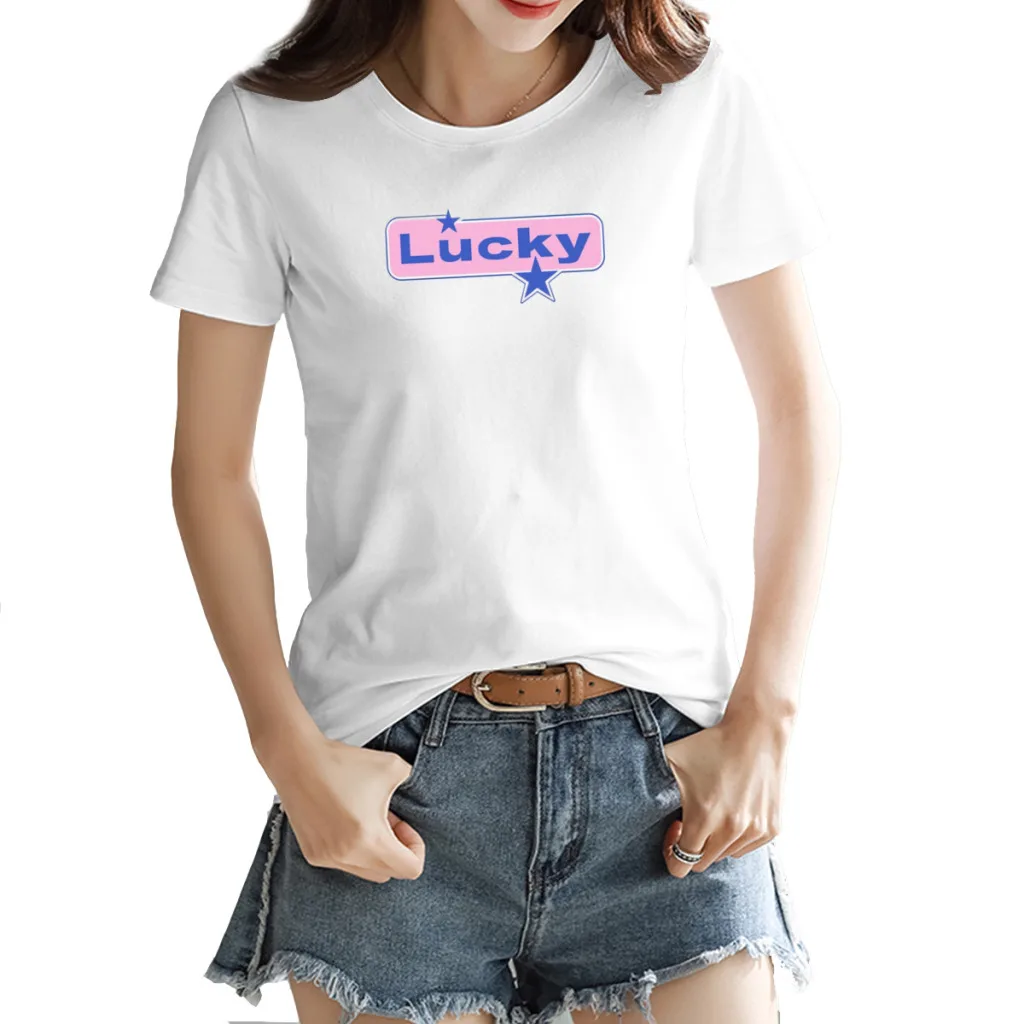 

'Lucky' Halsey Women's Creative Luxury, High-Quality Summer Printed T-Shirt, Loose Casual Cotton, Round Neck Short Sleeve