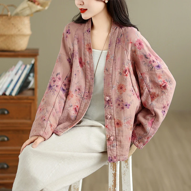 Retro Floral Print Double Layer Diagonal Cotton Thin Outerwear Cardigan Spring Autumn New Style All Match Woven Cloth Women's...