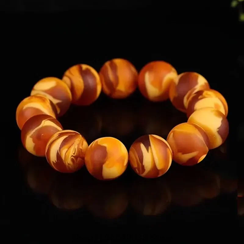 Beeswax antique Russian raw stone flower old honey wax hand string honey wax amber frosted round bead bracelet for men