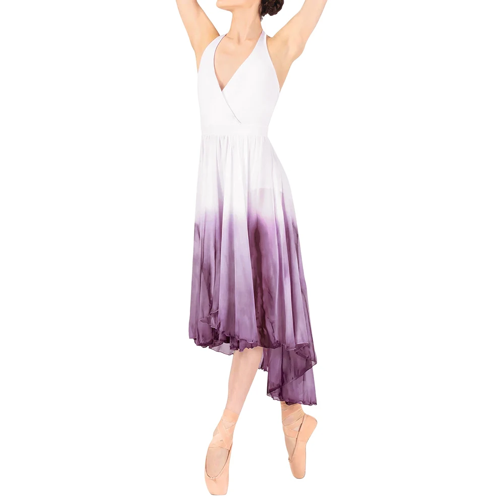 Modern Lyrical Long Dress Gradient for Girls Women Purple Contemporary dance costumes stage competition performance show outfit