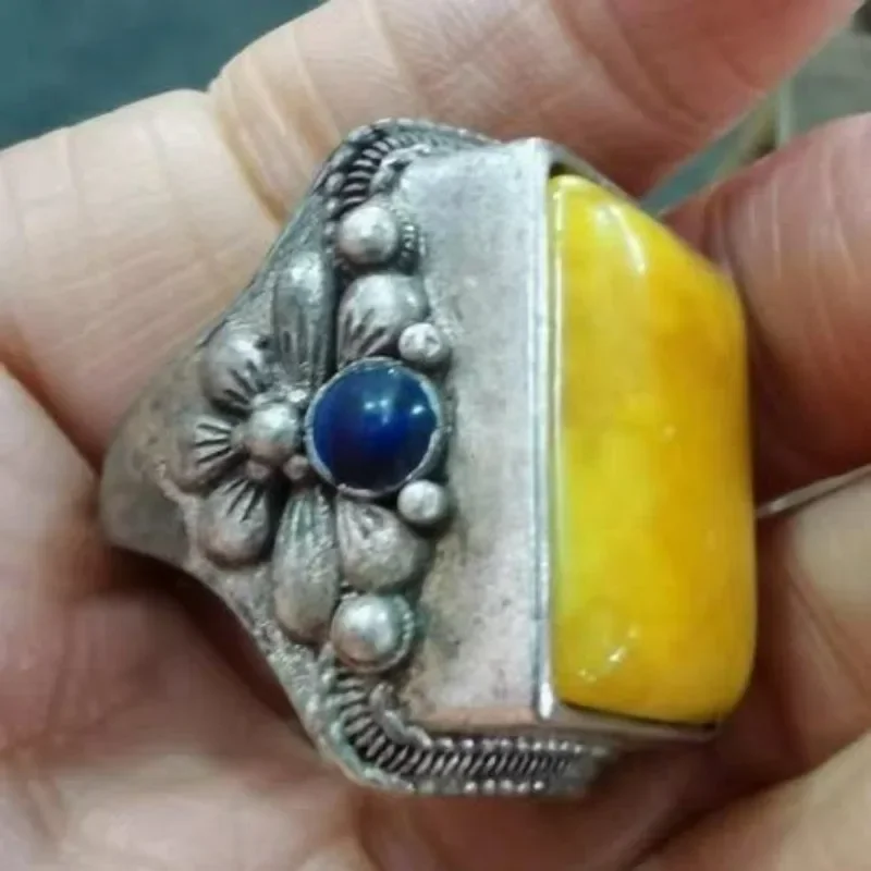 Antique Cloisonne Old Silver Ring, Square Beeswax Gem Inlay, Adjustable Thumb Ring Retro Statement Ornament for Men Women