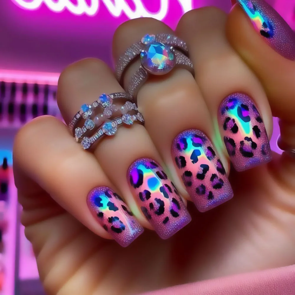 Short Medium fake nails for women Gradient purple Pink leopard printing Square nail tips full cover press on false nail art