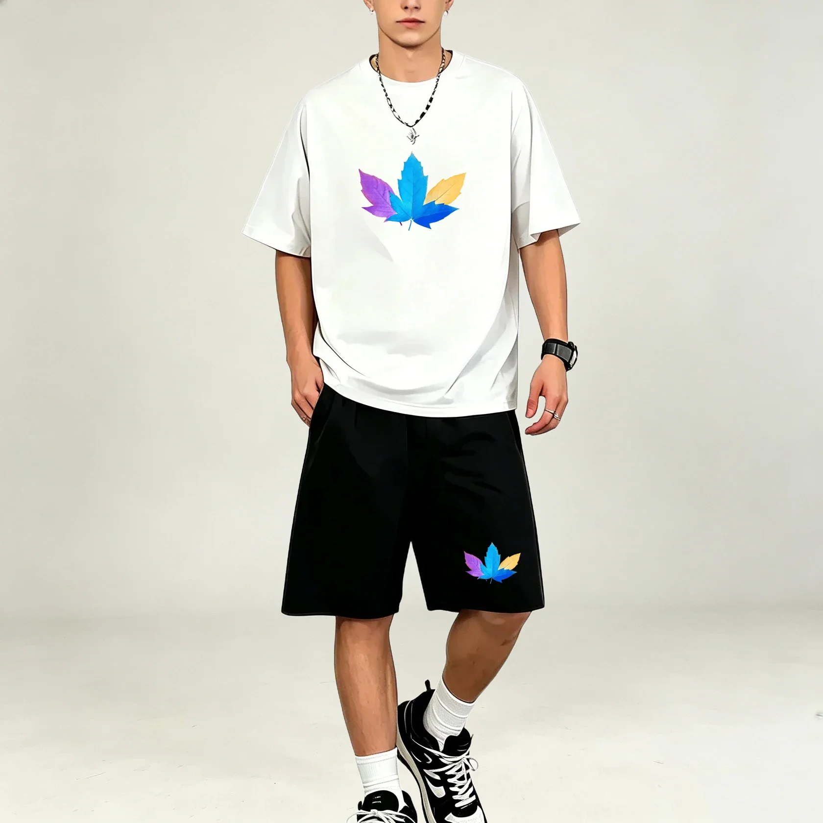 Summer Three Color Leaf Pattern Print Sports Men T-Shirts Sets Quick Dry Oversized Short Sleeve T-Shirt Pocket Shorts Daily Sets view 2