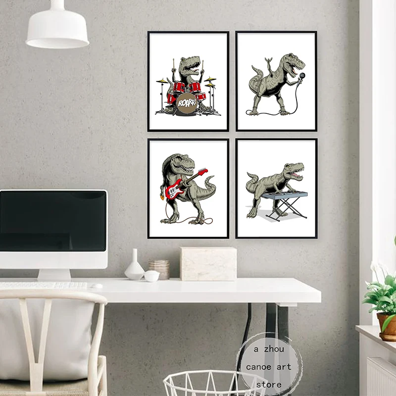 vintage DJ Dinosaur Jazz Music guitar Saxophone Animal Playing Art Posters Canvas Painting Wall Prints Pictures Room Home Decor