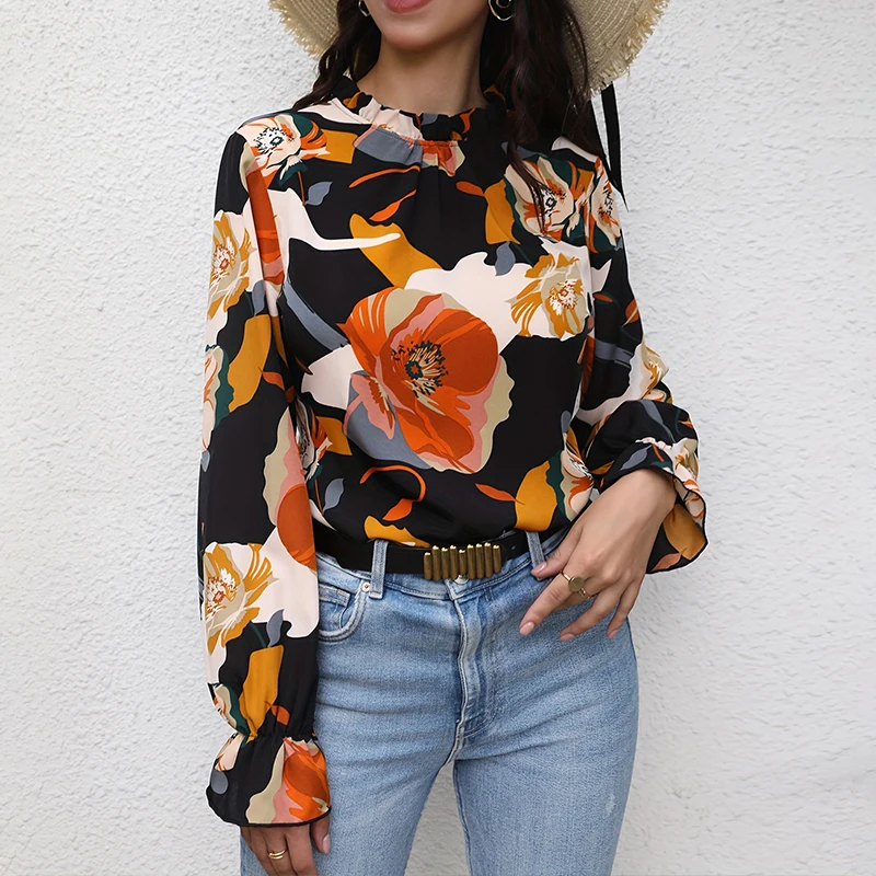 2024 Women\'s shirt fashion flower print design shirt new long sleeve 100 round neck casual flared cuff breathable fiber material