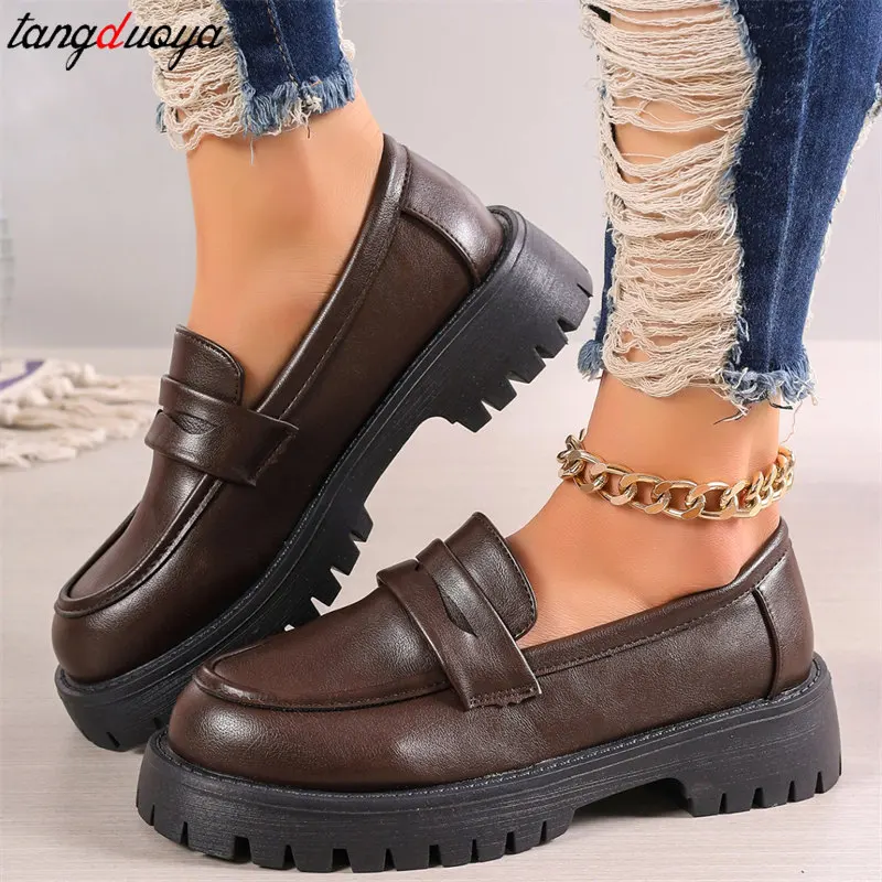 British Style Platform Loafers Women 2024 Plus Size 43 Round Toe Single Shoes Woman Thick Bottom Pu Leather Lolita Shoes Mujer