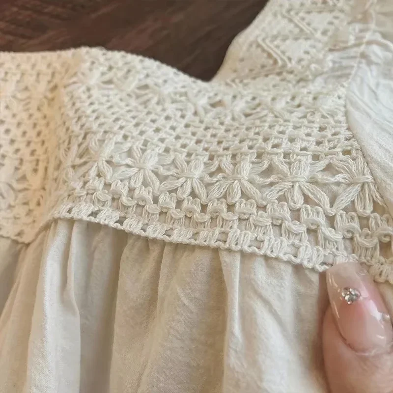 New Summer French Chic Fashion Solid Women's Tops Cream Apricot Sweet Square Neck Blouse Loose Fit Babydoll Top view 6